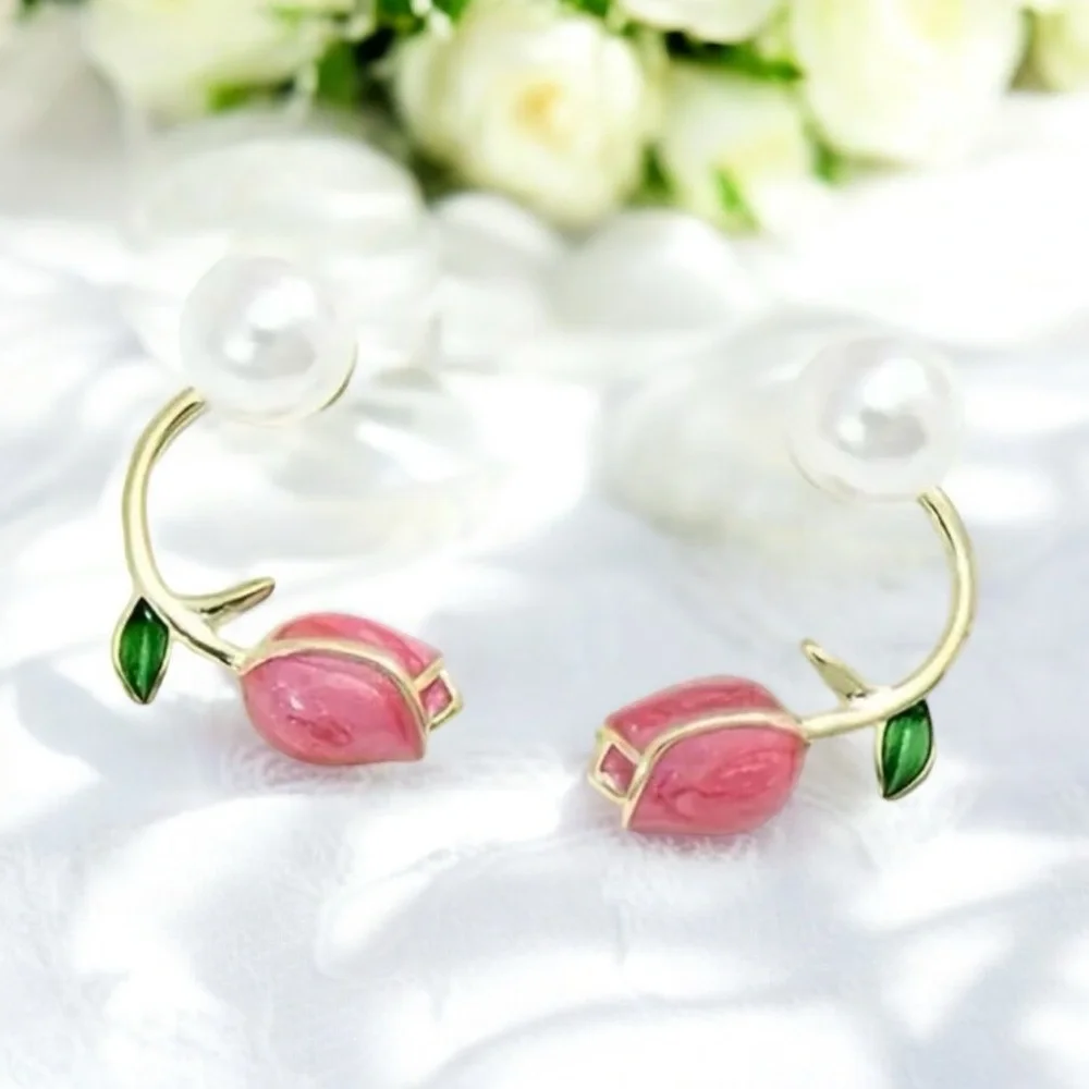 Stunning One Pair of Gold‎ Plated Elegant Pink Rose White Bead Ear Stud Earrings